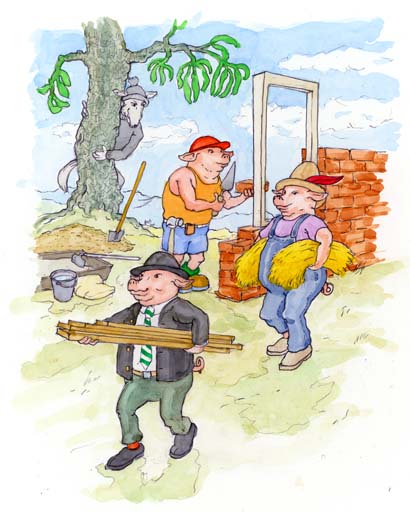 Chapter 5 Once Upon a Time illustration of the big bad wolf watching the three pigs begin to build their homes of straw, wood, and brick