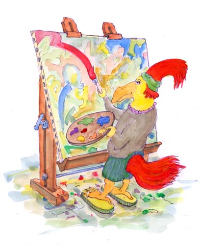 chapter 7 Color Quest illustration of a cockatoo artist painting an alphabetical abstraction