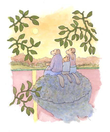 a family of beavers sitting on their alphabetical home and watching the evening sky