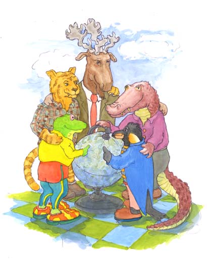 chapter 9 We Are the World illustration of a frog, a tiger, a moose, a crocodile and a penguin standing around an alphabetical world globe
